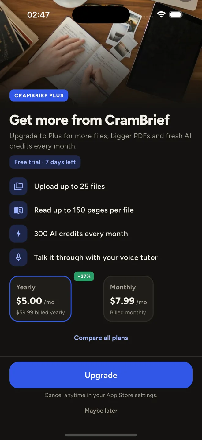 The CramBrief Plus upgrade screen
